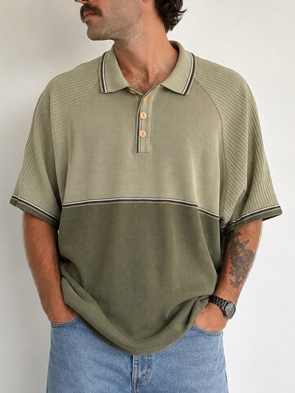 Vtg Y2k Anchor Blue Striped Short Sleeve Sweater Olive Green XL Retro Rockabilly